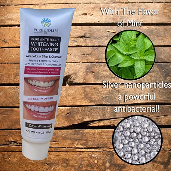 Pure White Teeth Whitening Toothpaste 4.8oz with Nano-Silver and White Charcoal