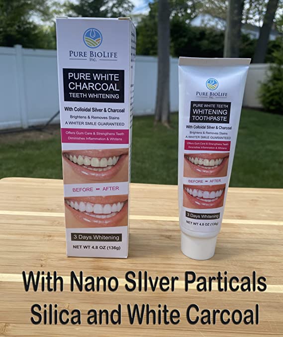 Pure White Teeth Whitening Toothpaste 4.8oz with Nano-Silver and White Charcoal